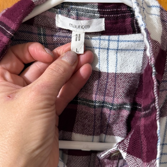 2/$15 Maurices Burgundy and White Plaid Shirt Sz large - Picture 2 of 3